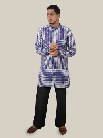 Ink Blue Stripes Mid Length Kurta