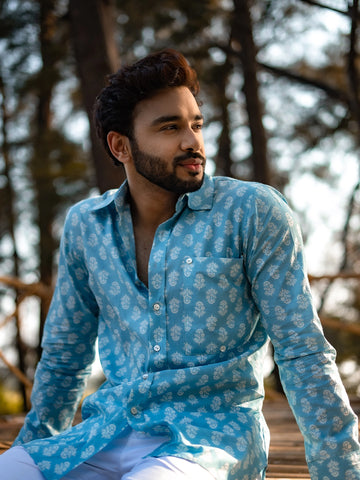 Cerulean Blue White Print Shirt