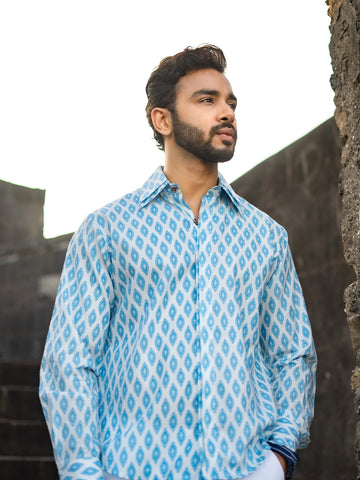 White- Sky Blue Print Shirt