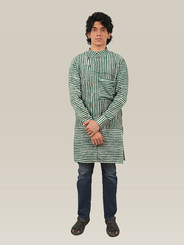 Deep Green Stripes Mid Length Kurta